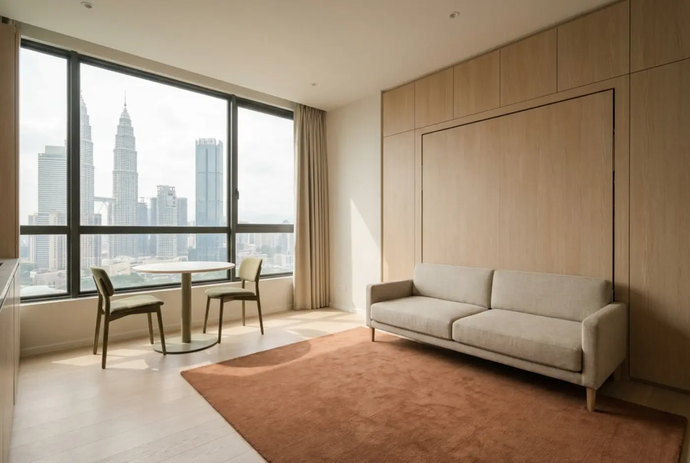 KLCC 单间公寓：浅橡木收纳墙、亚麻沙发、陶土色地毯，窗外是双子塔
